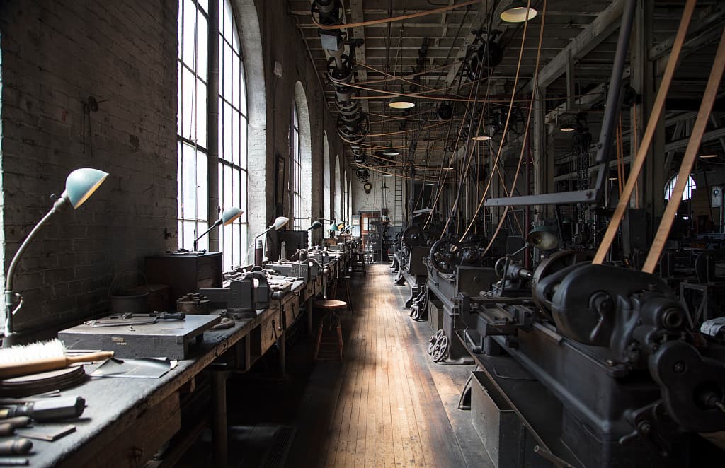 Thomas Edison's machine shop, lit by early electric lamps