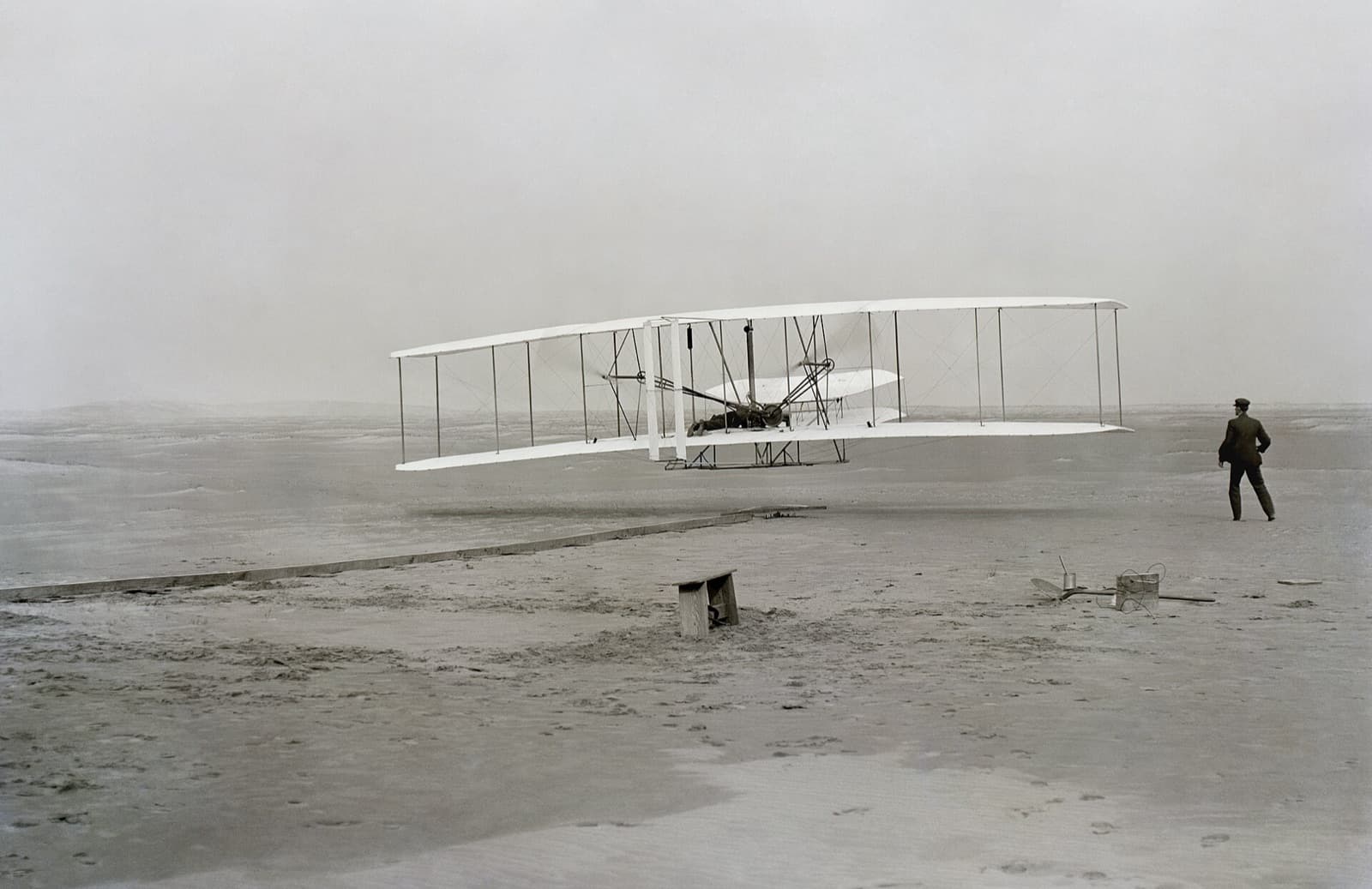 The Wright Flyer lifting off at Kitty Hawk on December 17, 1903